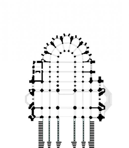 Ground plan with five portals leading into a nave and four aisles.